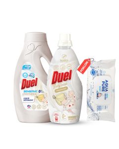 DUEL Set omekšivač Baby care 1.6L, tečni deterdžent Sensitive 855ml i  Aqua pure vlažne maramice - 6400257