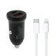 Auto Punjač 30W USB-A + Type-C ulaz sa Type-C na Lightning kablom, siva - A721