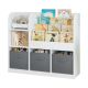 Dečiji organizator KINDER HOME,  3 tekstilne kutije, drveni, beli, Montesori - JVTR-3458