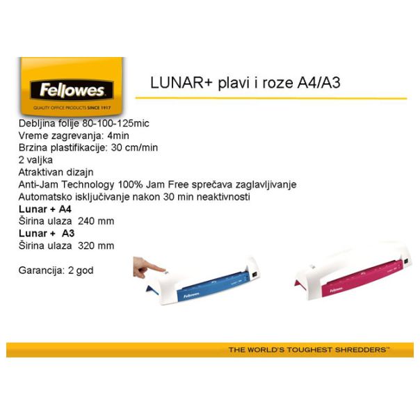 FELLOWES Plastifikator A4 sa 2 valjka Lunar+ 5742801 plavi - 9569