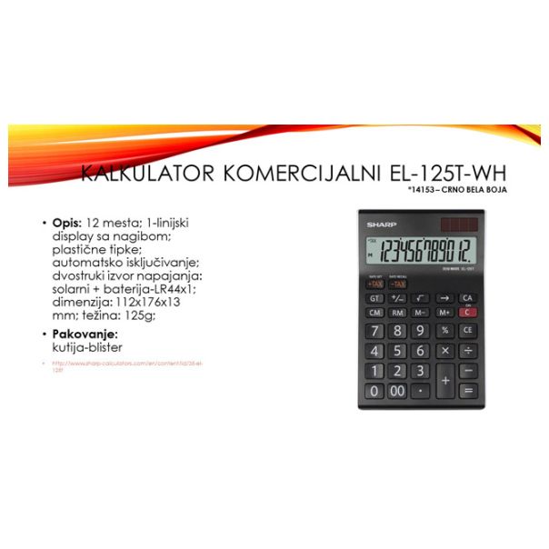 SHARP Kalkulator komercijalni 12mesta EL-125T-WH crno beli blister - EP2870067