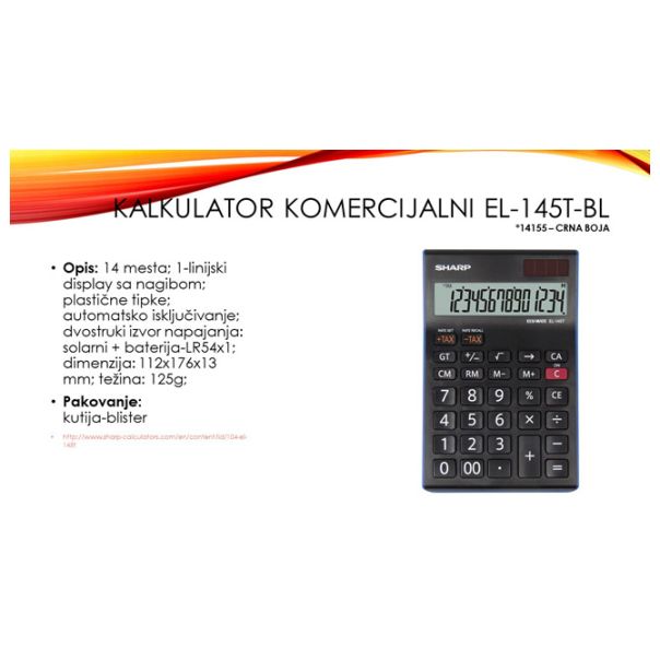 SHARP Kalkulator komercijalni 14mesta EL-145T-BL crni blister - EP2870070