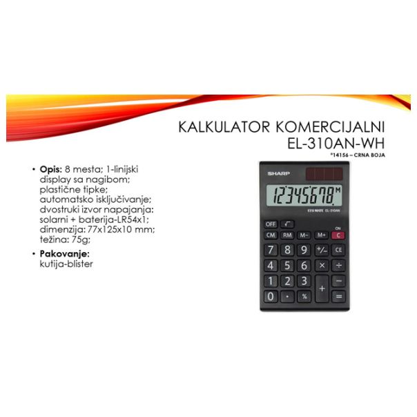 SHARP Kalkulator komercijalni  8mesta EL-310AN-WH crni blister - EP2870073