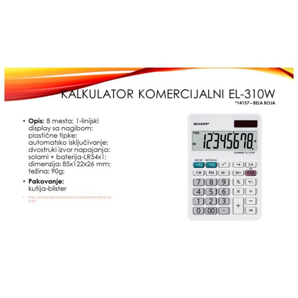 SHARP Kalkulator komercijalni  8mesta EL-310W beli blister - EP2870076