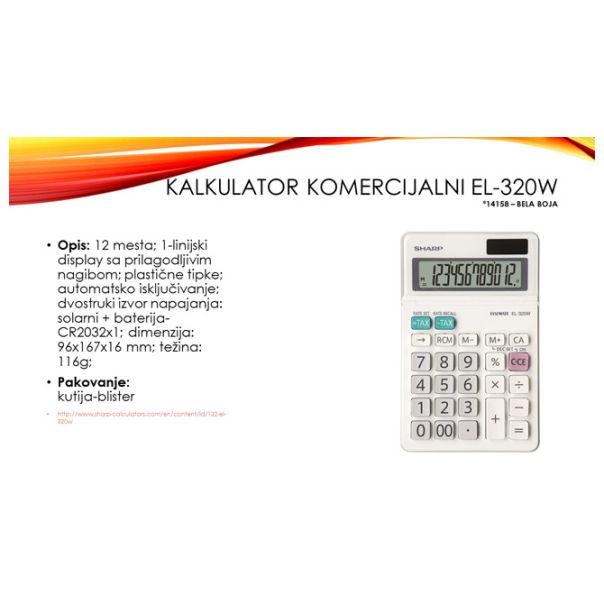 SHARP Kalkulator komercijalni 12mesta EL-320W beli blister - EP2870079
