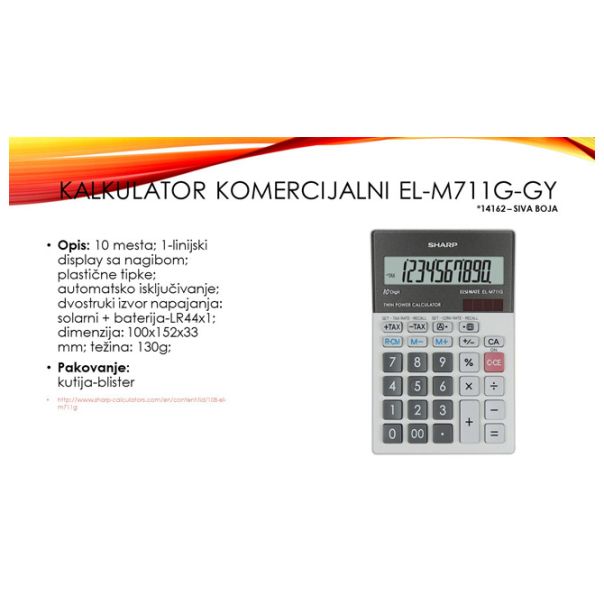SHARP Kalkulator komercijalni 10mesta EL-M711G-GY sivi blister - EP2870088
