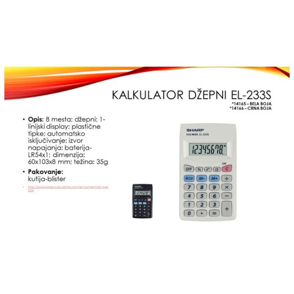 SHARP Kalkulator džepni 8mesta EL-233SB-BK crni blister - EP2870094