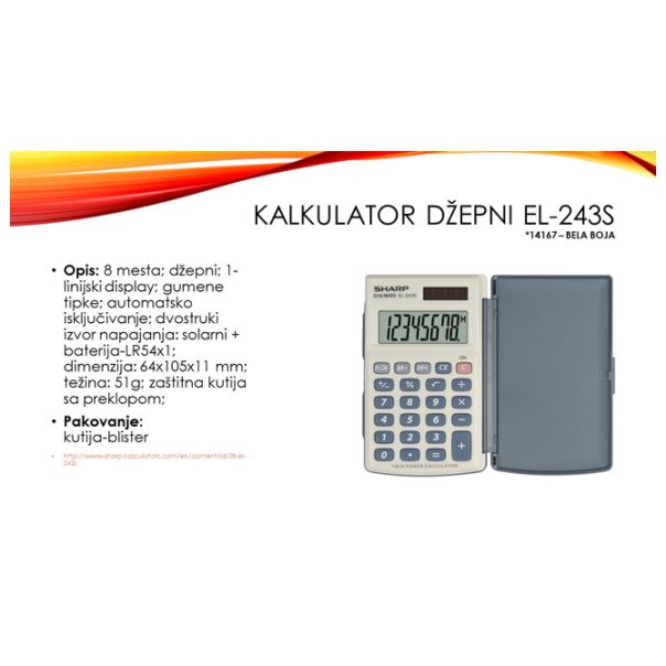 SHARP Kalkulator džepni 8mesta sa preklopom EL-243S beli blister - EP2870097
