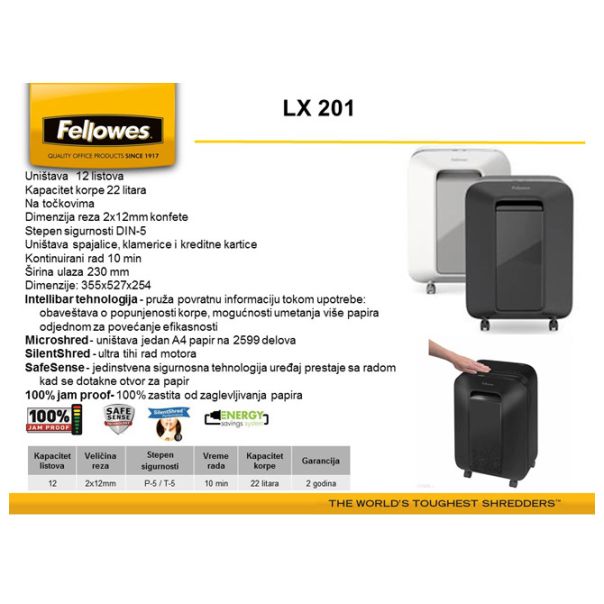 FELLOWES Uništivač dokumentacije (mikro) LX201 Fellowes 5050001 crni - 000015469