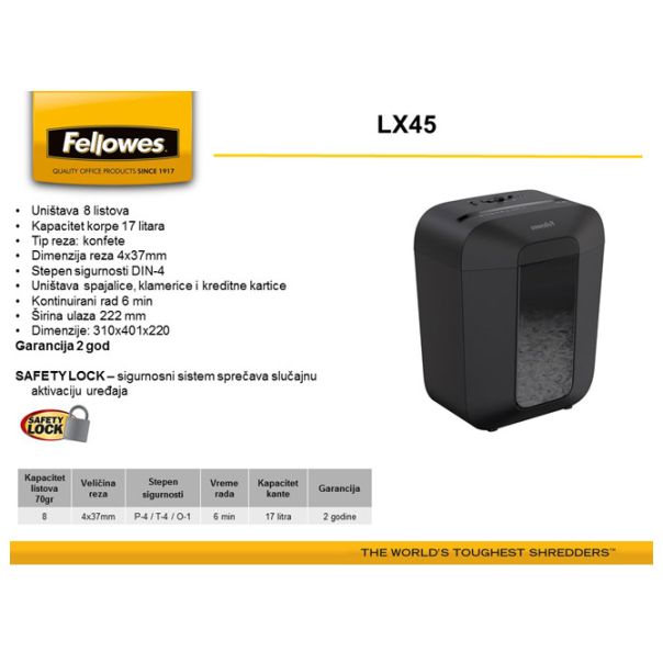 FELLOWES Uništivač dokumentacije (konfete) LX45 Fellowes 4400501 crni - 000017190