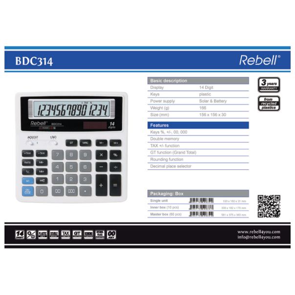 REBELL Kalkulator komercijalni 14mesta RE-BDC314 BX beli - EP2981082