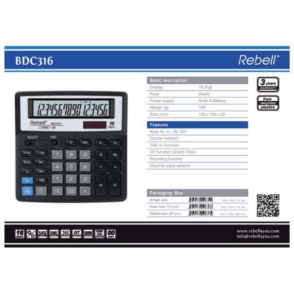 REBELL Kalkulator komercijalni 16mesta RE-BDC316 BX crni - EP2981085