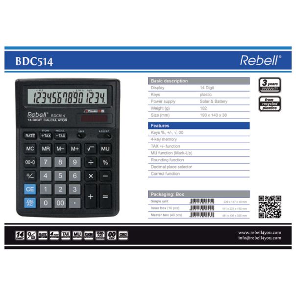 REBELL Kalkulator komercijalni 14mesta RE-BDC514 BX crni - EP2981091