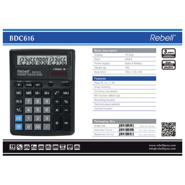 REBELL Kalkulator komercijalni 16mesta RE-BDC616 BX crni - EP2981094