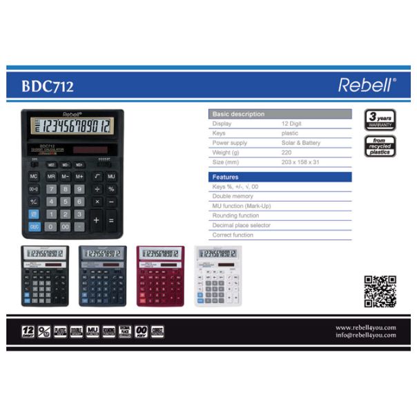 REBELL Kalkulator komercijalni 12mesta RE-BDC712GL BX crni - EP2981100