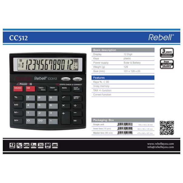 REBELL Kalkulator komercijalni 12mesta RE-CC512 BX crni - EP2981103