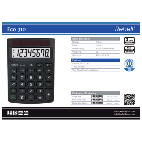 REBELL Kalkulator komercijalni  8mesta RE-ECO310 BX crni - EP2981106