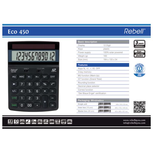 REBELL Kalkulator komercijalni 12mesta RE-ECO450 BX crni - EP2981109