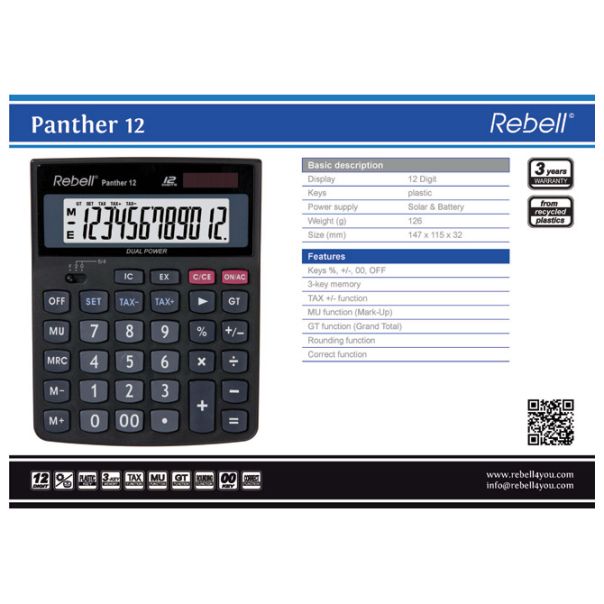 REBELL Kalkulator komercijalni 12mesta RE-PANTHER 12 BX crni - EP2981115