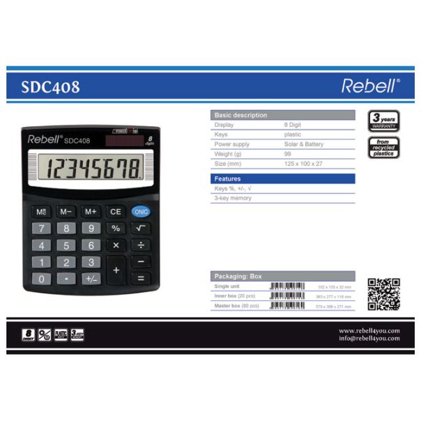 REBELL Kalkulator komercijalni  8mesta RE-SDC408 BX crni - EP2981121