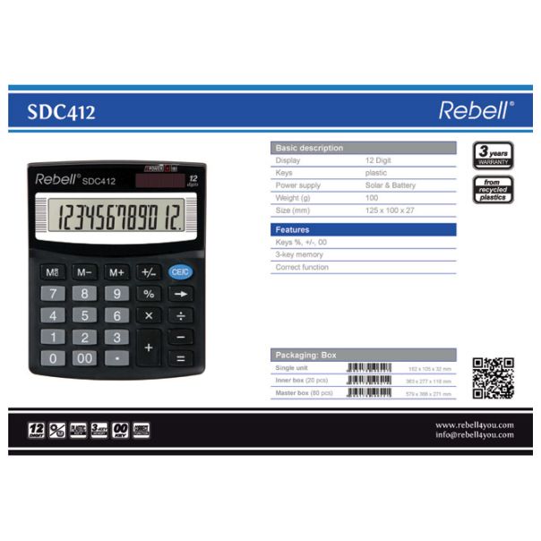 REBELL Kalkulator komercijalni 12mesta RE-SDC412 BX crni - EP2981127