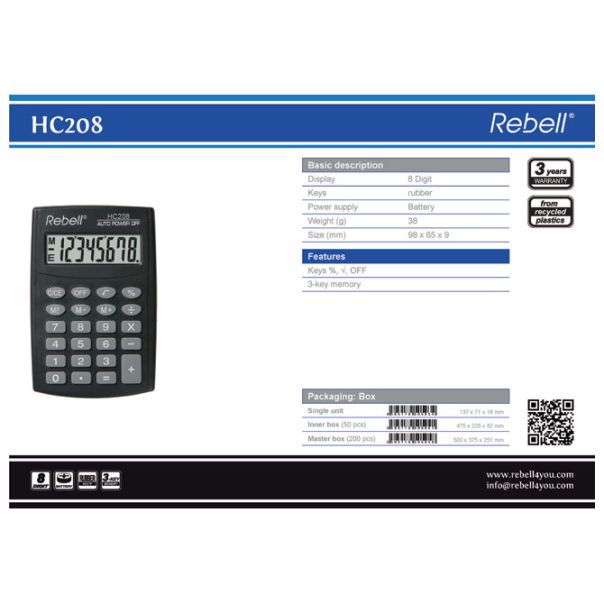REBELL Kalkulator džepni  8mesta RE-HC208 BX crni - EP2981148