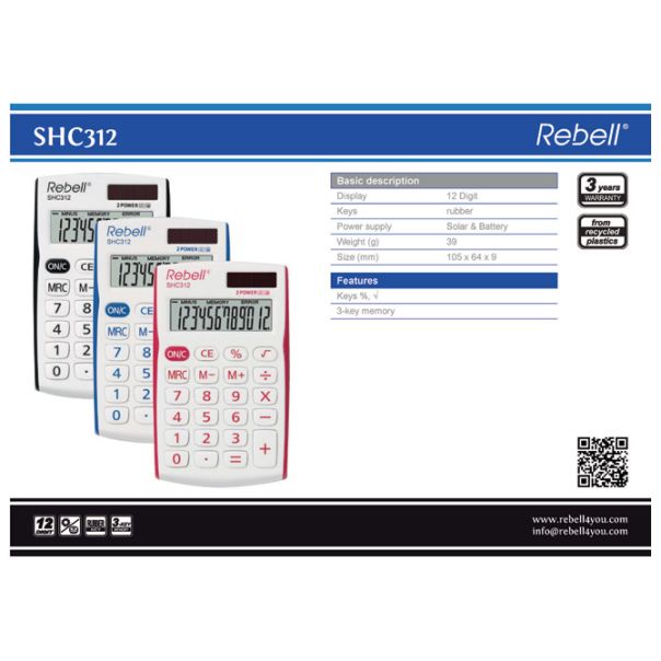 REBELL Kalkulator džepni 12mesta RE-SHC312BK BX belo crni - EP2981157