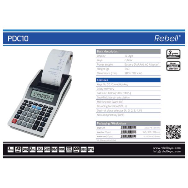 REBELL Računska mašina 12mesta bez adaptera RE-PDC10 WB bela - EP2981175