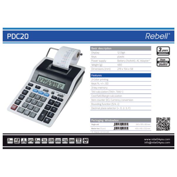 REBELL Računska mašina 12mesta bez adaptera RE-PDC20 WB bela - EP2981178