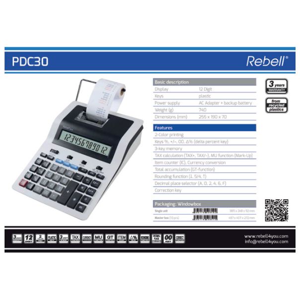 REBELL Računska mašina 12mesta sa adapterom RE-PDC30 WB bela - EP2981181