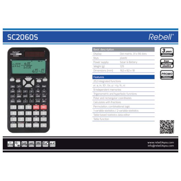 REBELL Kalkulator tehnički rezolucije 31x96 tačaka 252 funkcije RE-SC2060S BX crni - EP3131380