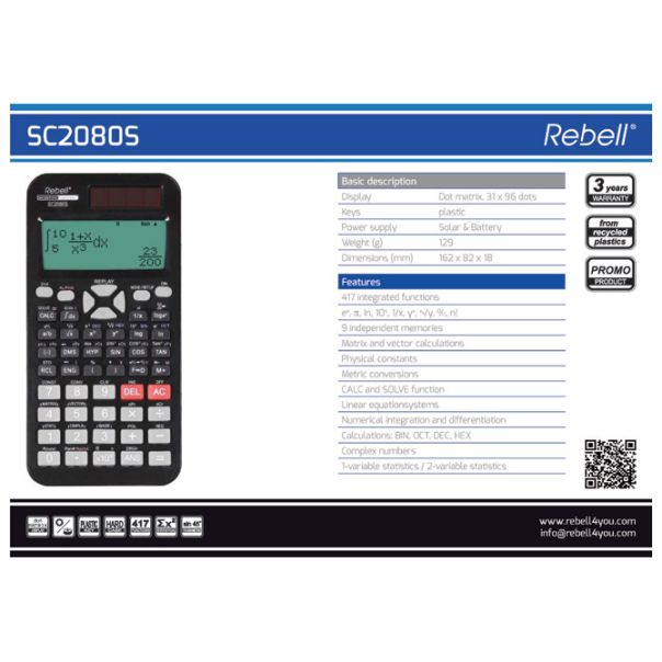 REBELL Kalkulator tehnički rezolucije 31x96 tačaka 417 funkcija RE-SC2080S BX crni - EP3131383