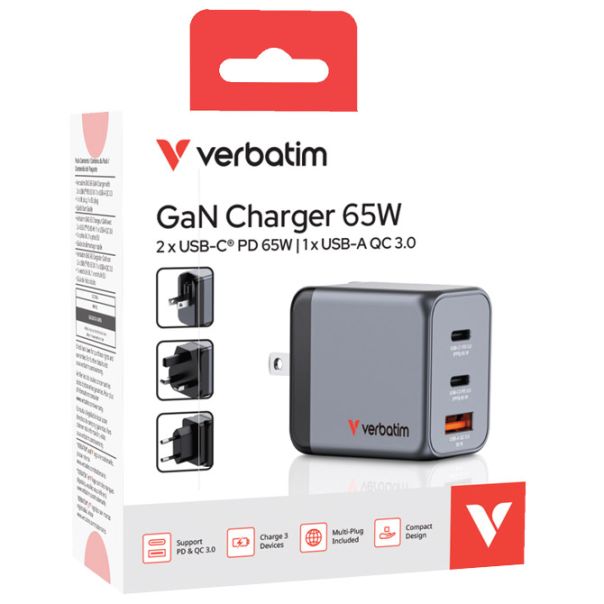 VERBATIM Punjač USB 3u1  65W GaN 32201 crni blister - EP3012849