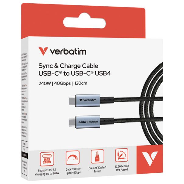 VERBATIM Kabal USB-C za sinhronizaciju i punjenje 240W/40Gbps/120cm Sync & Charge 31847 crni - EP3012858