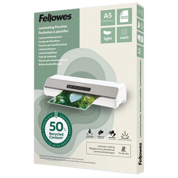FELLOWES Folija za plastificiranje  80my A5 mat 50% reciklirani materijal pk100 100143437 - EP3131629