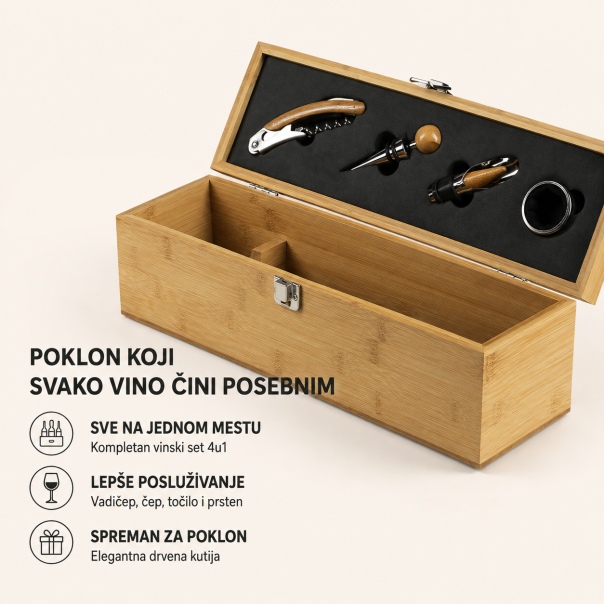 Vinski set BRUNELLO 4u1 u drvenoj kutiji - vadičep, čep, prsten i točilo, poklon set - EP3246670