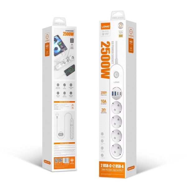 Produzni kabl LDNIO SE1-C 2500W EU, 4 uticnice 2xUSB 12W, 2xPD 20W beli 2m - EP2937076