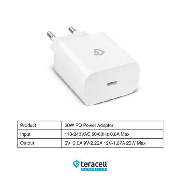 Kucni punjac Teracell Evolution TC-07 PD Fast charging 20W sa PD type C kablom beli CE - 223682