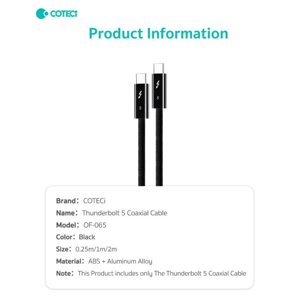 Data kabl Coteci Thunderbolt OF-065 120Gbps 240W 4k PD Type C na Type C crni 0.25m - EP2978107