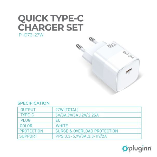 Kucni punjac Pluginn PI-D73-27w, PD 3.0, PPS, 27W sa PD iPhone lightning kablom beli CE - 217243