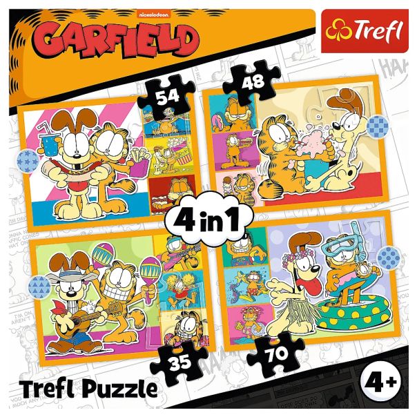 TREFL Puzzle 4u1 Garfield loves lasagna 34673 - 54, 48, 35, 70 delova - 102840-34673