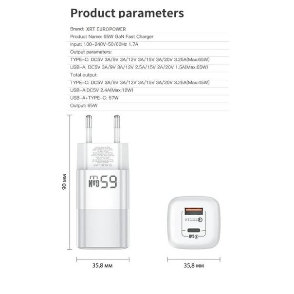 RY-U65A GaN Punjač Type C, USB-A 65w - 109463