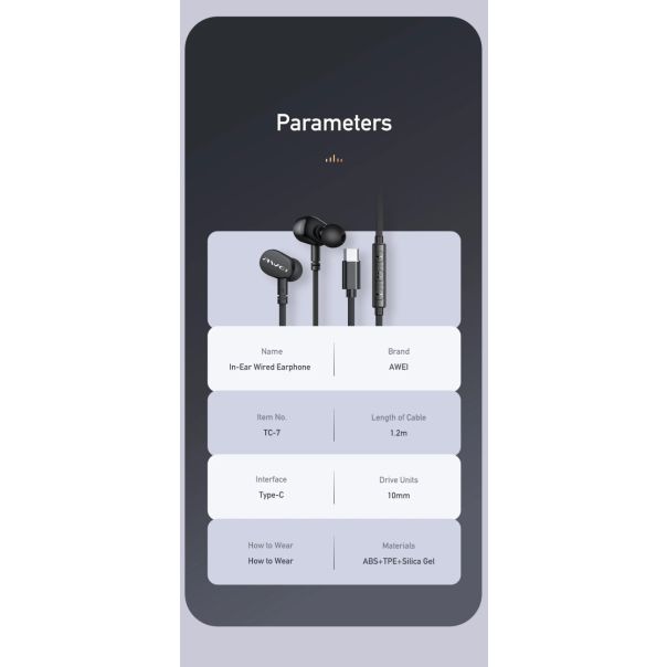 Slušalice AWEI TC-7 Bubice  USB-C w/microphone Crne - 55963