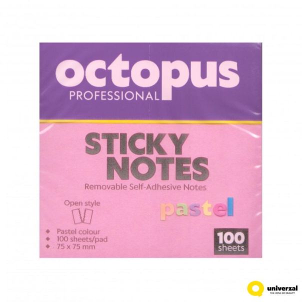 OCTOPUS Samolepljivi blok 75x75mm 100 lista pastel pink unl-2039 - 112919-1-1