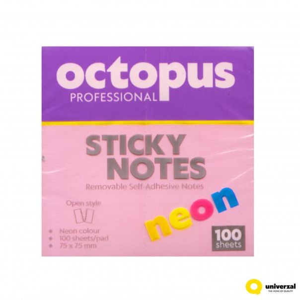OCTOPUS Samolepljivi blok 75x75mm 100 lista neon pink unl-2043 - 112923-1