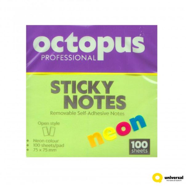 OCTOPUS Samolepljivi blok 75x75mm 100 lista neon zeleni unl-2044 - 112924