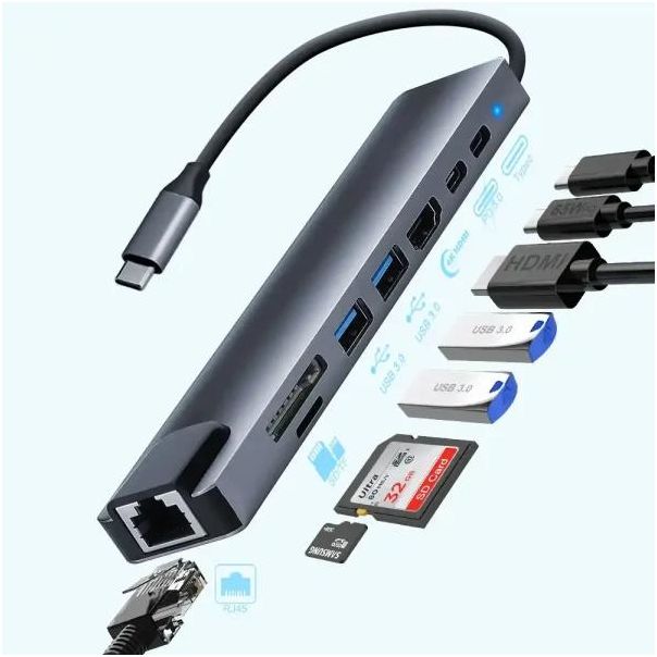 Adapter-konverter USB Tip C Zeus 11/1 1xUSB3.0/3xUSB2.0/HDMI/TF/SD/Audio/RJ45/VGA/Tip C PD - TW11a