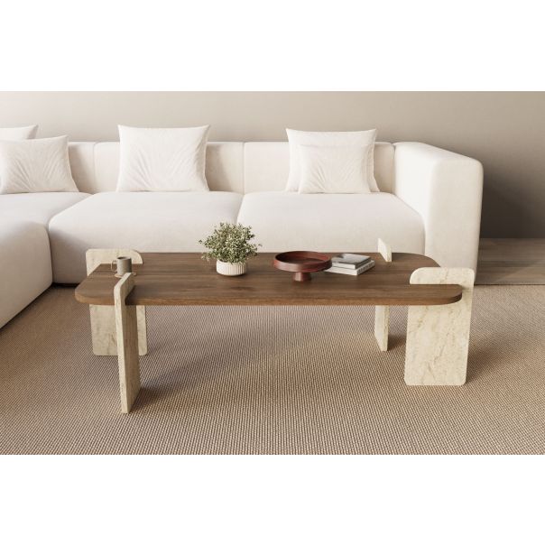 HANAH HOME Klub sto Leapiri, braon/mermerna krem - EP3056490