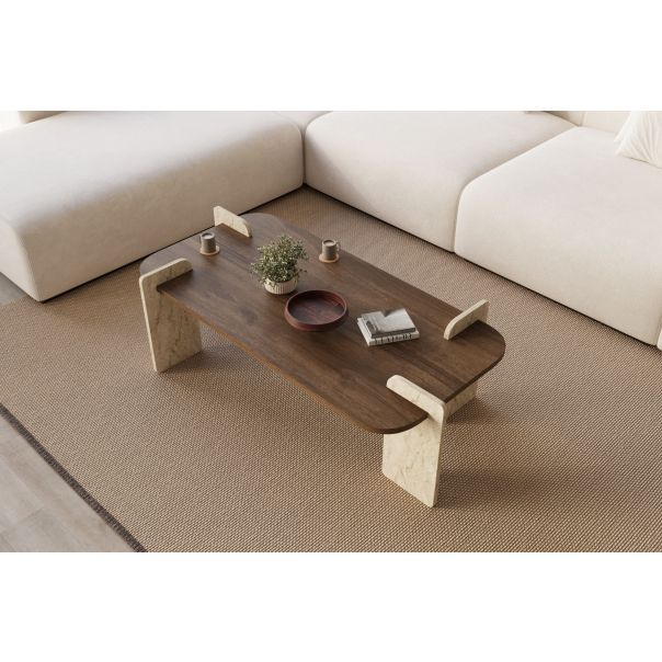 HANAH HOME Klub sto Leapiri, braon/mermerna krem - EP3056490