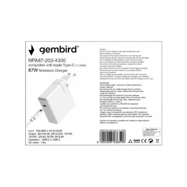 GEMBIRD Apple Type-C/USB-C punjač za MacBook NPA87-202-4300 (TJ-354B  87W-20,2V-4.3A USB Type-C - 118412-1